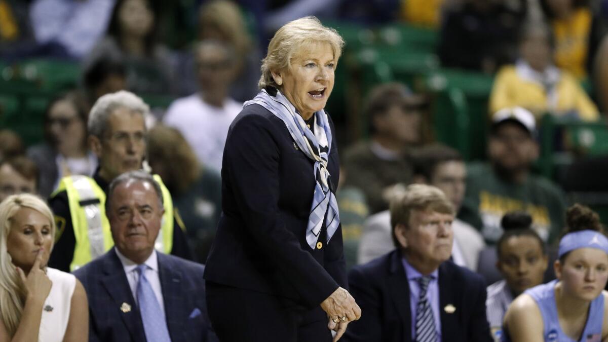 North Carolina women's basketball coach Sylvia Hatchell instructs her during an NCAA tournament game against California on March 23.