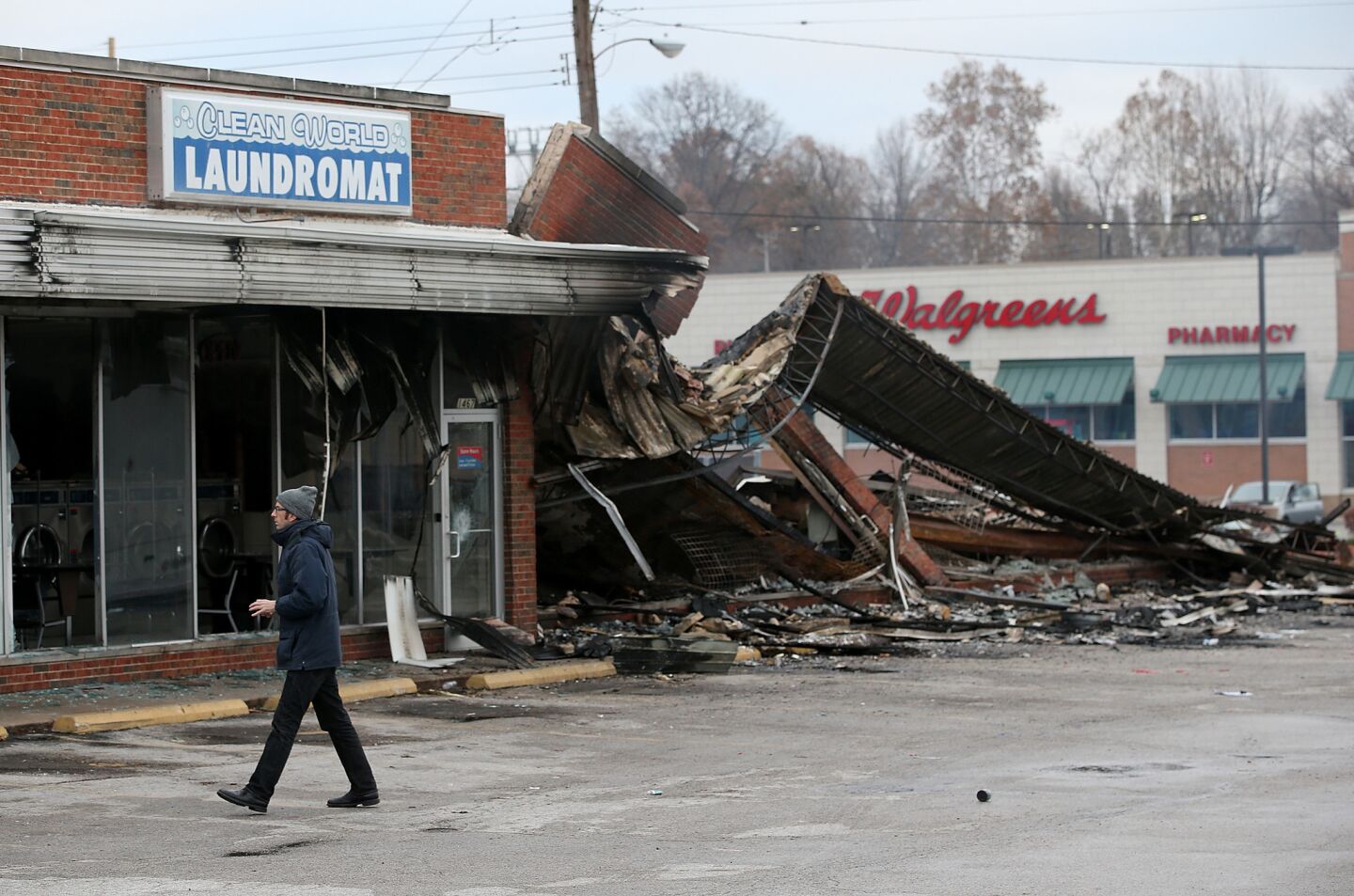 A building that was damaged during a demonstration on Tuesday in Dellwood, Mo.