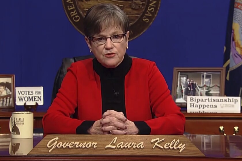 This computer screen capture from Kansas Gov. Laura Kelly's page on Facebook shows her giving the annual State of the State address, Tuesday, Kan., Tuesday, Jan. 12, 2021, in Topeka, Kan. Kelly says that given the recent mob violence in Washington, the state's leaders must "must commit ourselves to set an example" of working together. (AP Photo/John Hanna)