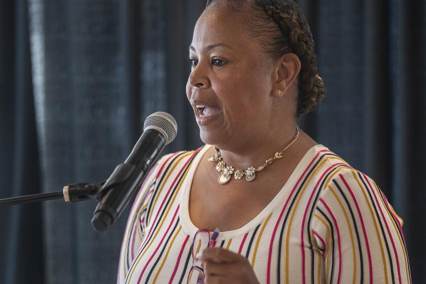 LOS ANGELES, CA -SEPTEMBER 12, 2022: Fesia Davenport, CEO for Los Angeles County, speaks during a press conference where it was announced that a $236 million settlement between the County of Los Angeles and the L.A. Alliance for Human Rights was reached. Millions of dollars will be committed in new funding to bring outreach and supportive services to some of the most vulnerable people experiencing homelessness on the streets of Los Angeles. (Mel Melcon / Los Angeles Times)