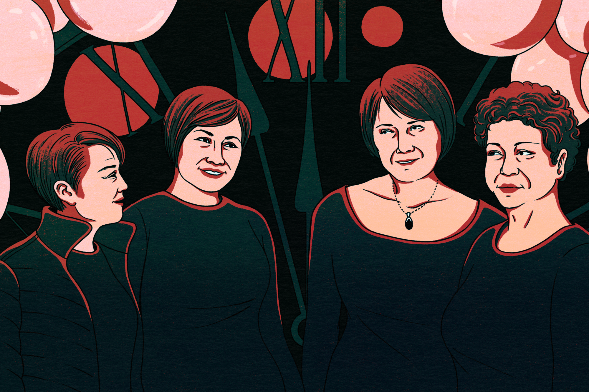 An illustration of four women smiling. They are standing in front of a clock about to tick to midnight.