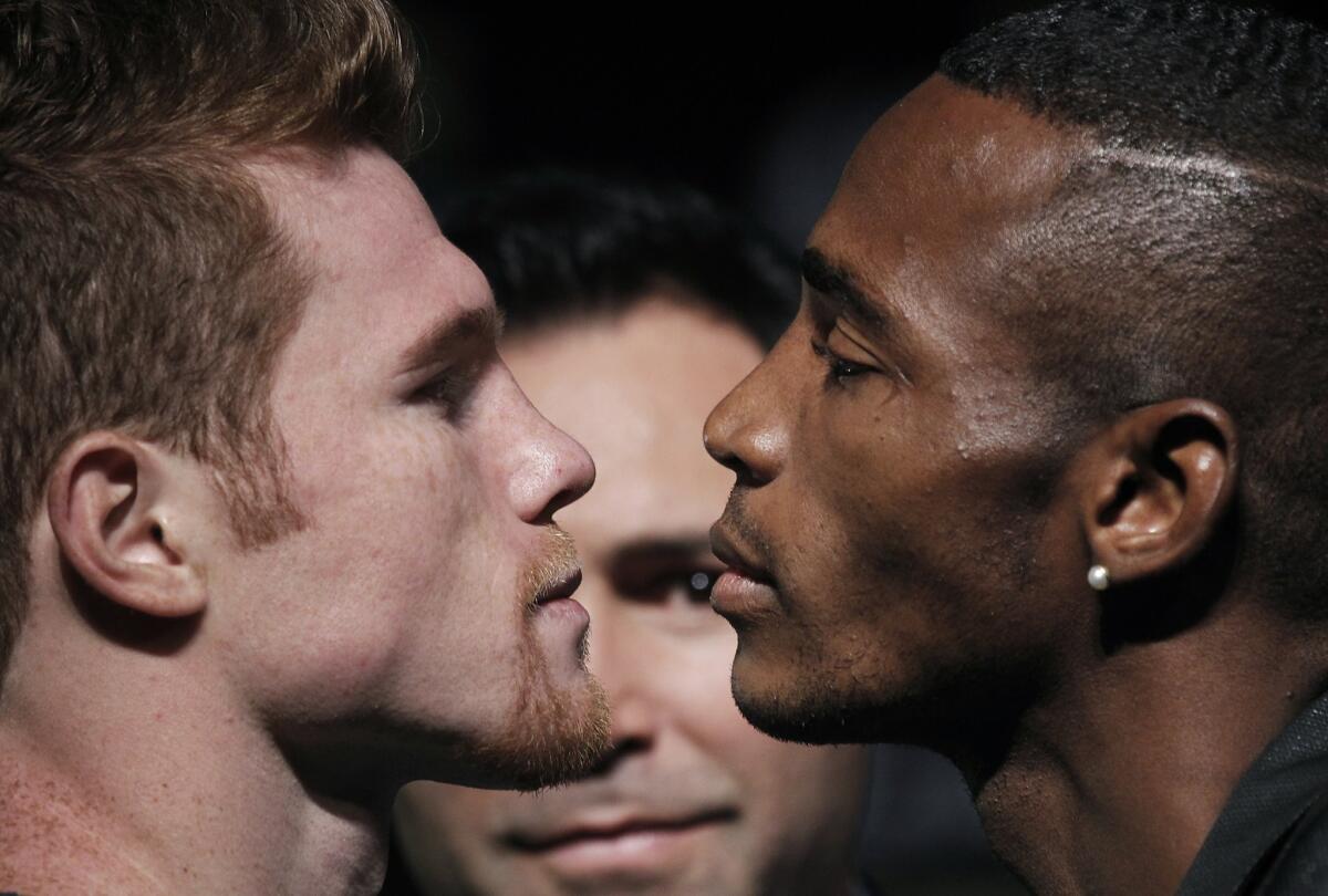 Saul "Canelo" Alvarez and Erislandy Lara face off during a pre-fight news conference ahead of their Saturday bout at the MGM Grand in Las Vegas.