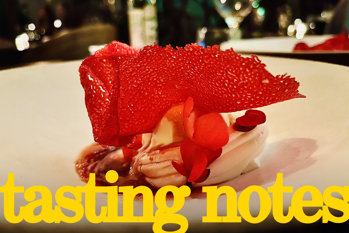 An image of a strawberry dessert with yellow lettering that says, "Tasting Notes"