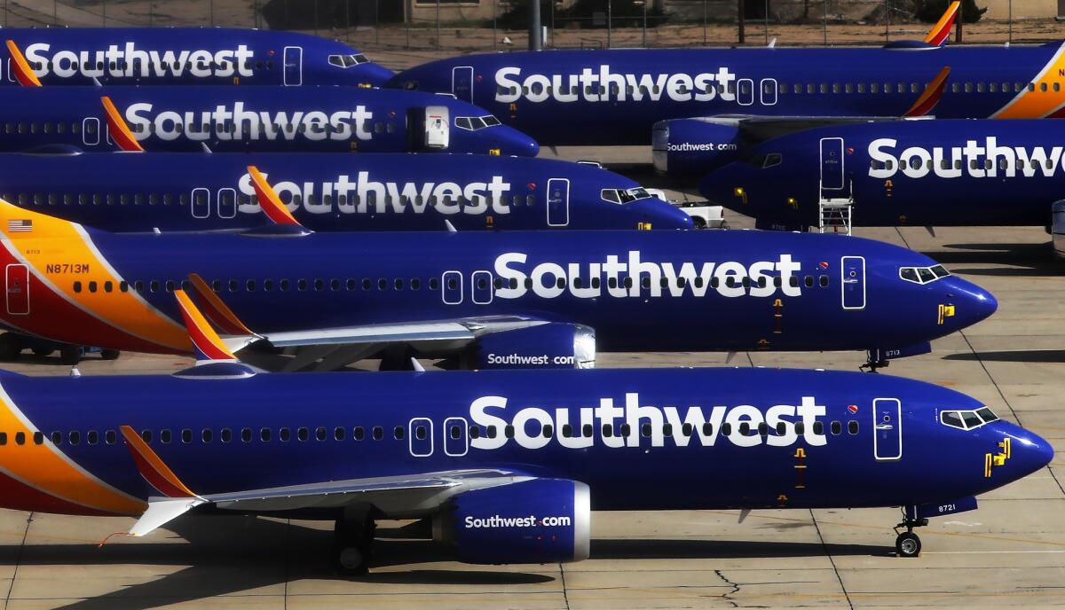 Southwest Airlines' Boeing 737 Max aircraft are parked at the Southern California Logistics Airport in Victorville on March 27.