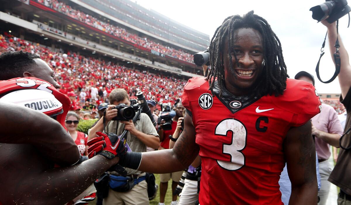 Georgia running back Todd Gurley (3) celebrates a 35-32 victory over Tennessee last month in Athens, Ga.