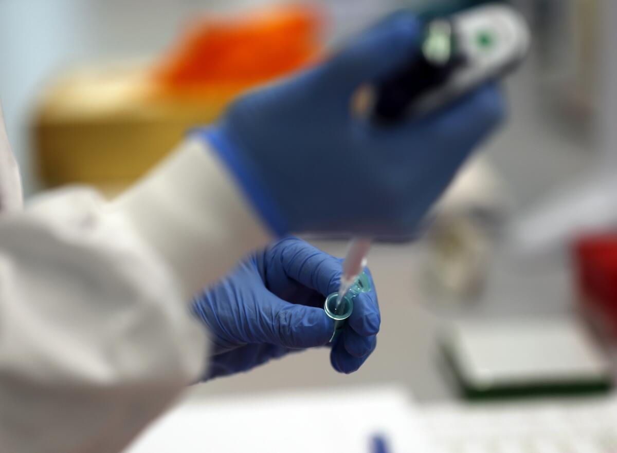 A lab assistant uses a pipette to prepare coronavirus RNA for genetic sequencing.