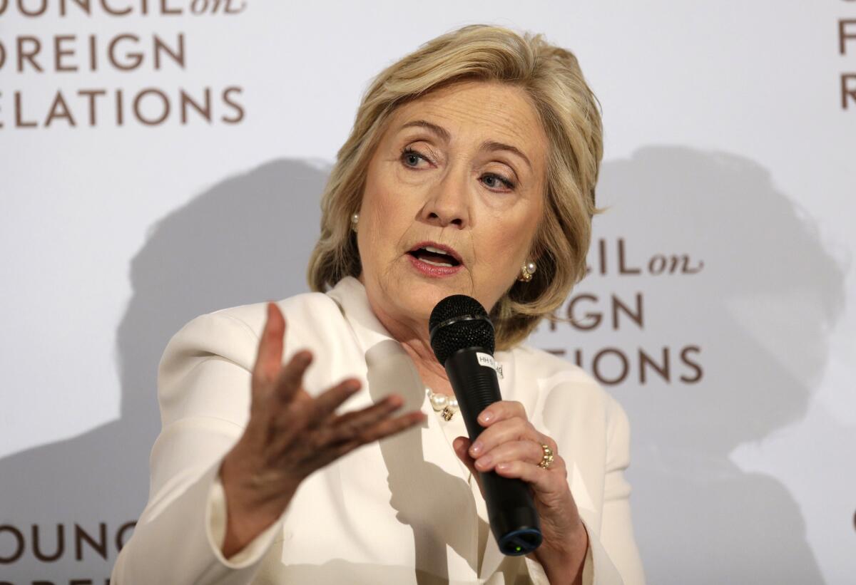 Democratic presidential candidate Hillary Clinton speaks at the Council on Foreign Relations in New York, where she outlined her policieis for combatting Islamic State militants in Iraq and Syria.