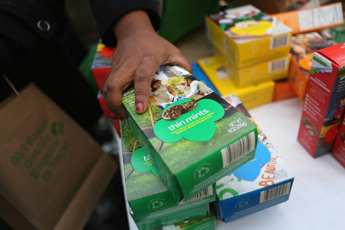 NEW YORK, NY - FEBRUARY 08: Girl Scouts sell cookies as a winter storm moves in on February 8, 2013 in New York City. The scouts did brisk business, setting up shop in locations around Midtown Manhattan on National Girl Scout Cookie Day. (Photo by John Moore/Getty Images)