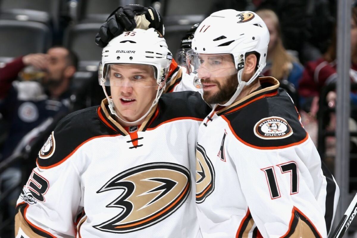 Ducks forward Jakob Silfverberg, left, is congratulated by Ryan Kesler after scoring a goal against the Colorado Avalanche on Jan. 12.