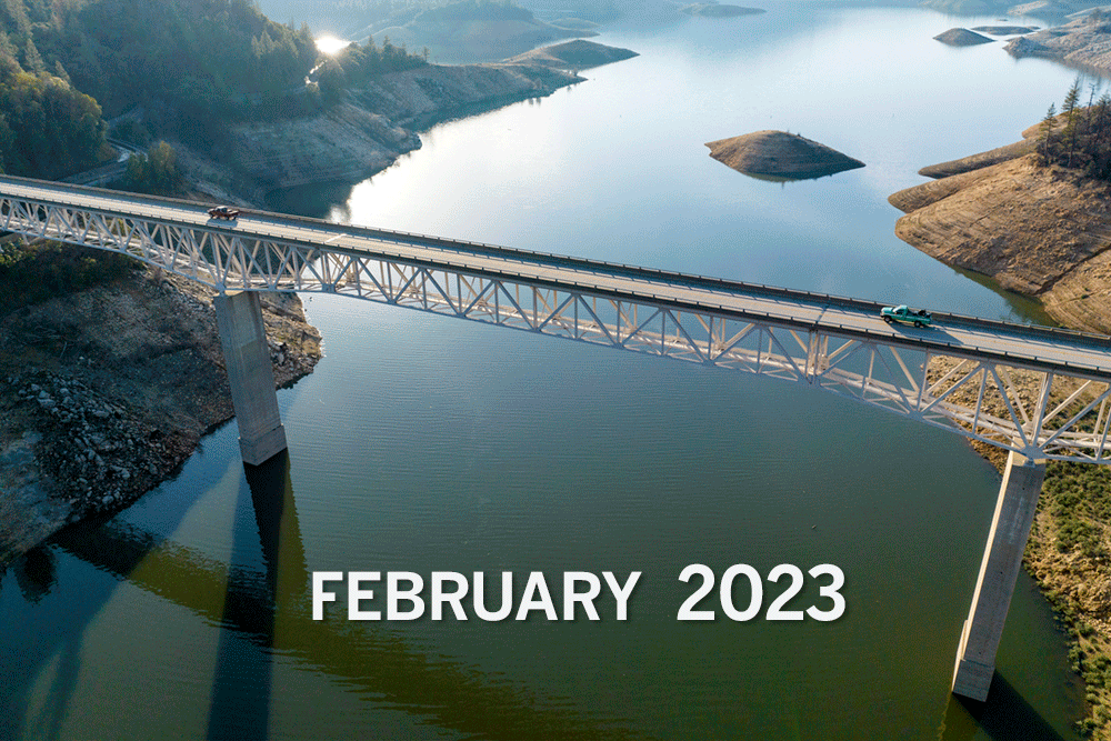 Water levels at Lake Oroville from July 2021 to February 2023.