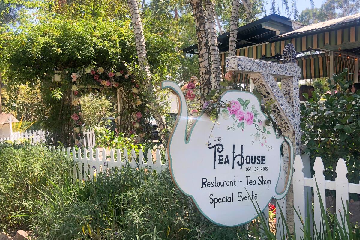 The teapot-shaped sign of the Tea House at Los Rios Historic District.