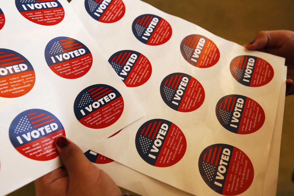 A close-up of "I voted" stickers