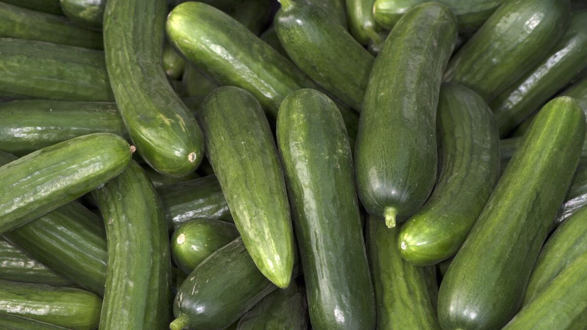 Persian cucumbers, piled high at the Torrance farmers market.