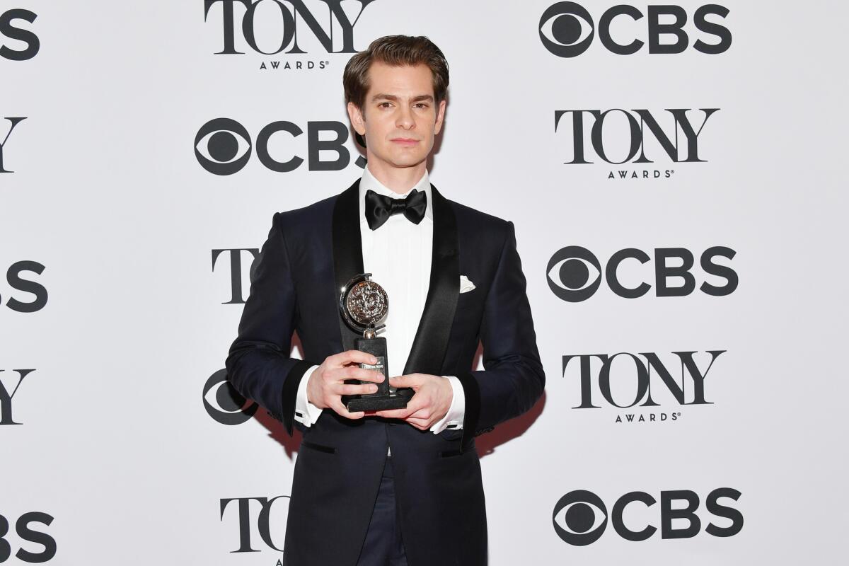 Andrew Garfield in the media room at the Tony Awards.