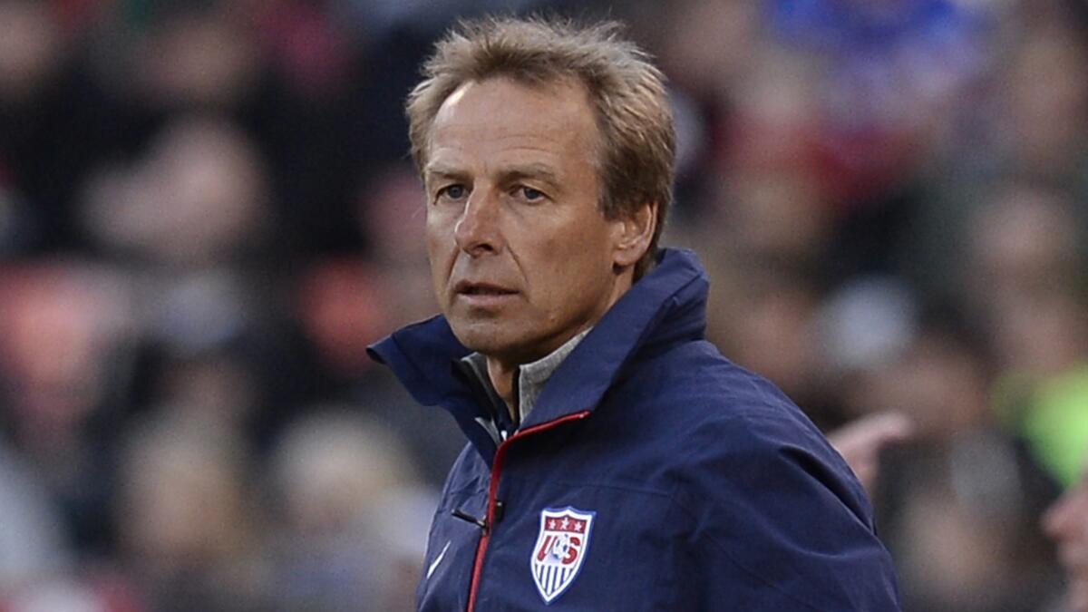 U.S. national team Coach Juergen Klinsmann looks on during an international friendly match against Azerbaijan last month. Klinsmann is proud of what he accomplished during his playing and coaching career with the German national team.