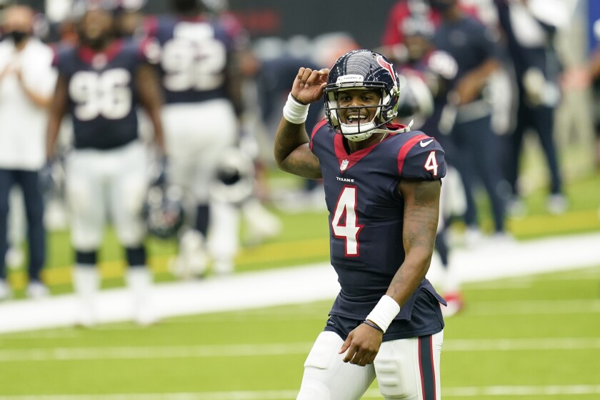 Houston Texans quarterback Deshaun Watson celebrates a touchdown against the Jacksonville Jaguars on Sunday.