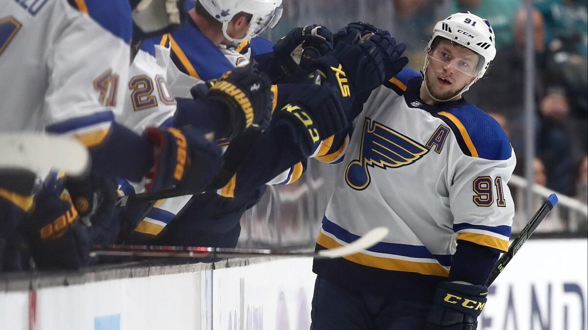 St. Louis Blues forward Vladimir Tarasenko is congratulated by his teammates after scoring against the San Jose Sharks on May 19.