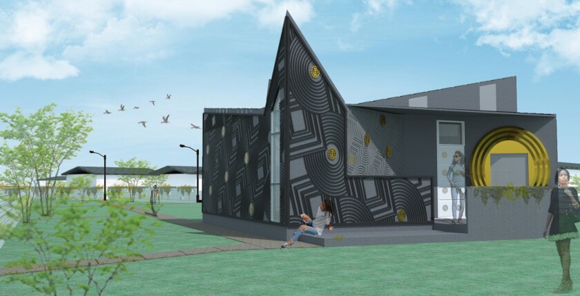 A rendering shows a house with a textured surface of geometric patterns and a roof that comes to a sharp point.