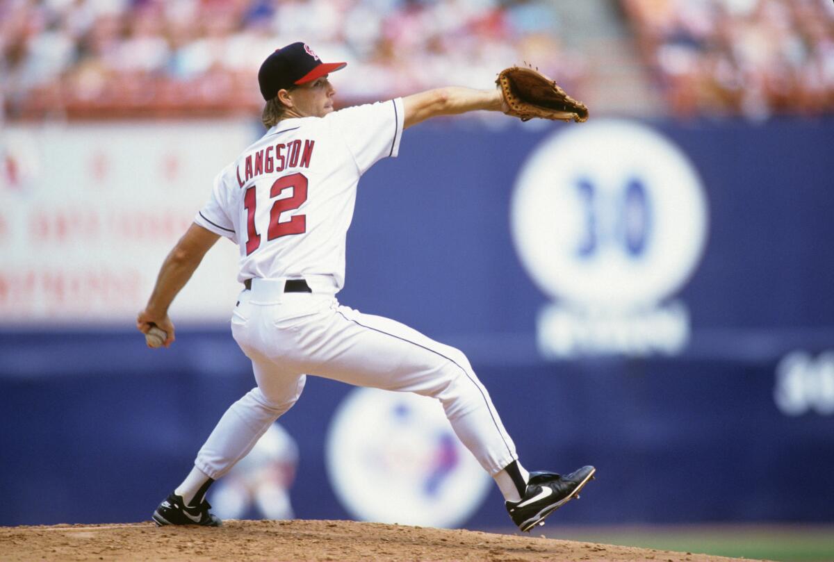 Mark Langston pitches for the then-California Angels during a game against the Milwaukee Brewers on April 6, 1993, in Anaheim.