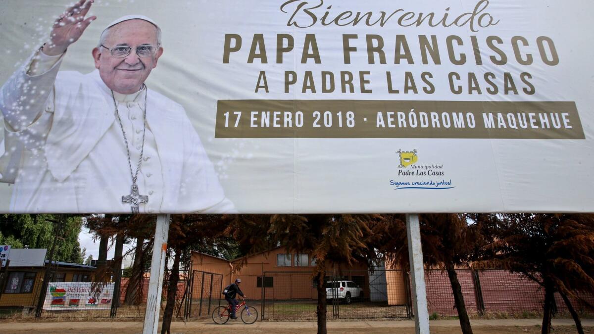 A billboard welcomes Pope Francis in Temuco, Chile.