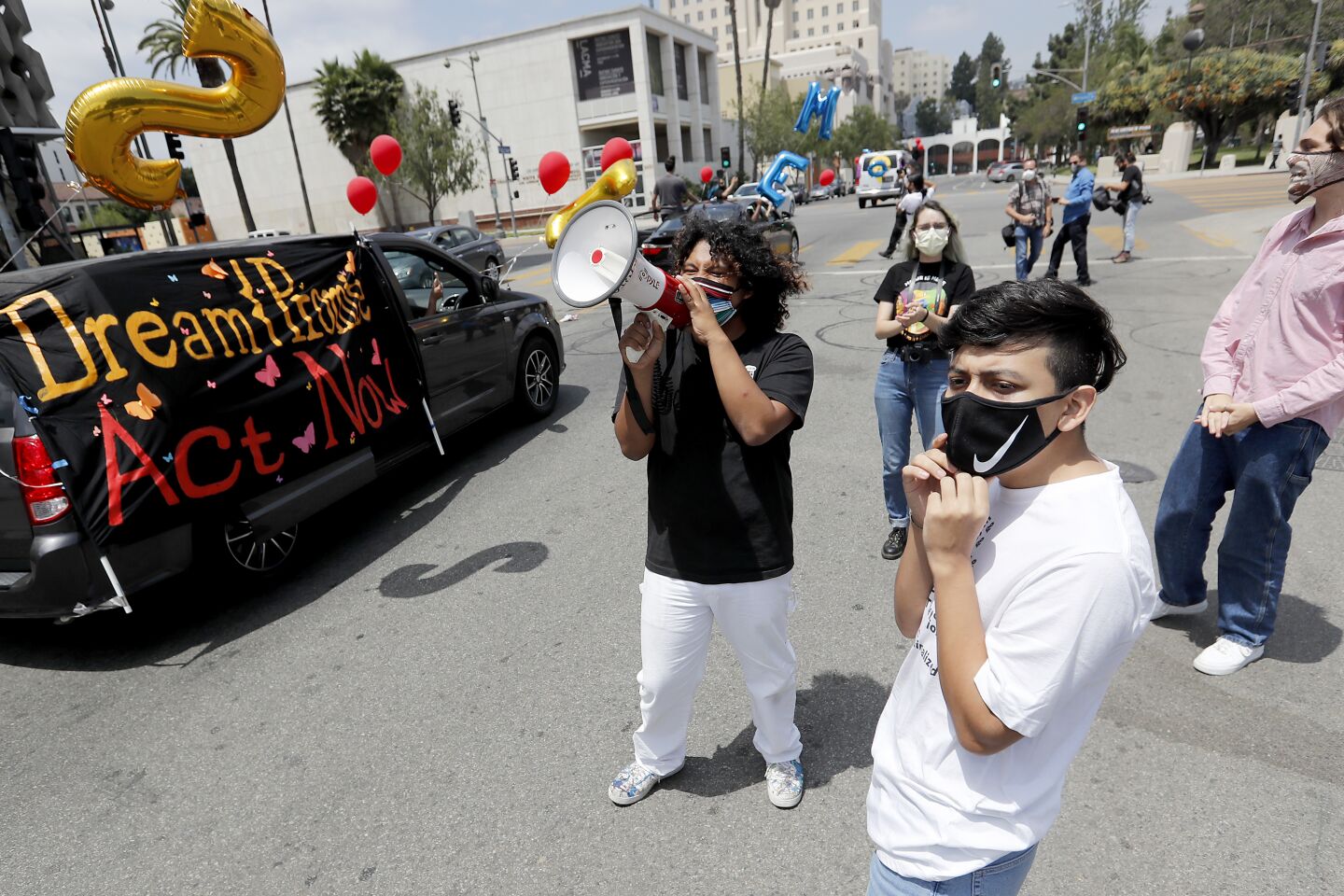 "Dreamers" and their supporters stage a celebratory car caravan around MacArthur Park in Los Angeles.