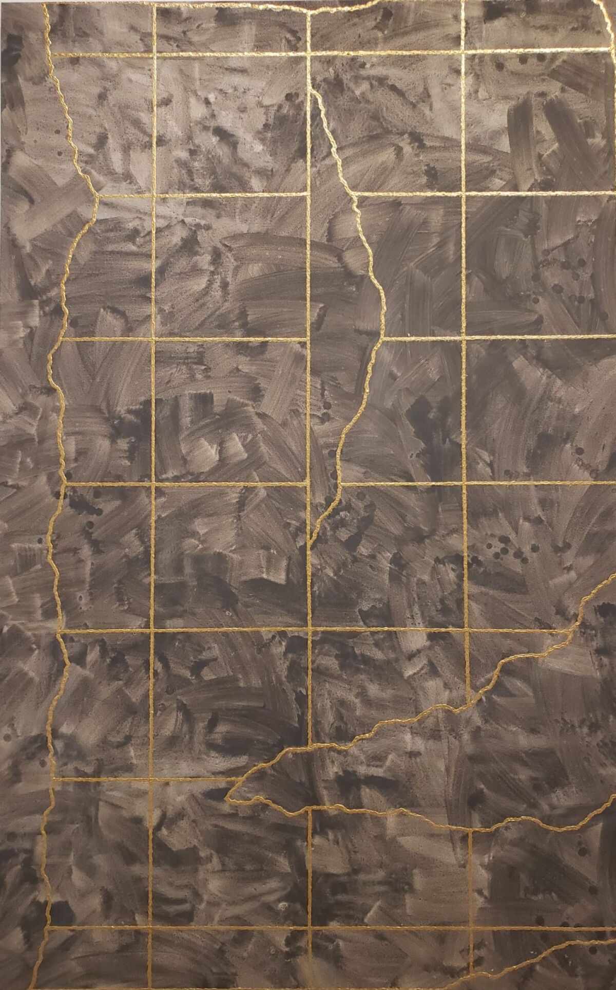 Rebecca Morris, "Untitled (#19-20)," 2020; oil and spray paint on canvas is straight and crooked lines on brown brushstrokes