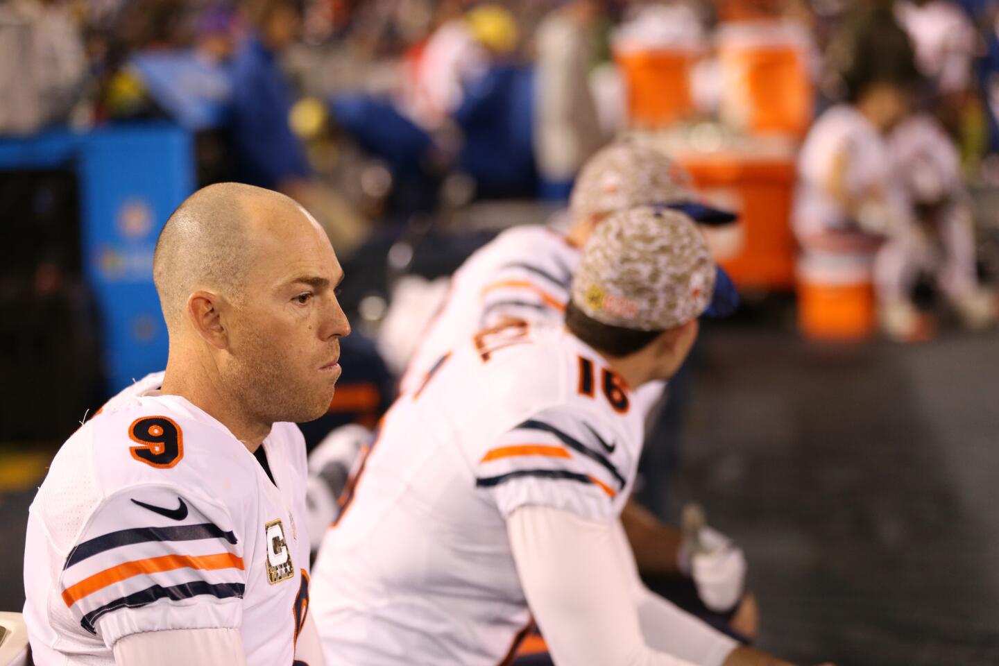Bears kicker Robbie Gould sits on the bench after missing a field goal in the first quarter against the Chargers.