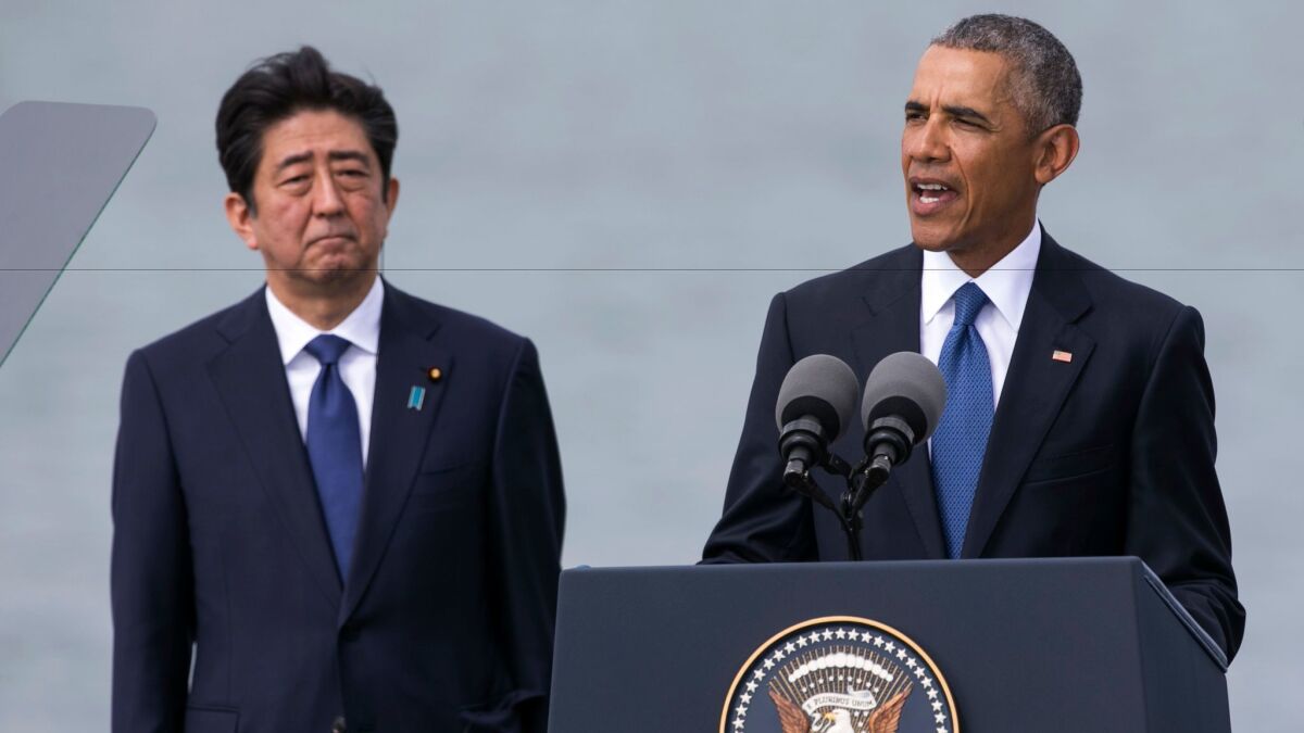President Obama and Japanese Prime Minister Shinzo Abe at Pearl Harbor in Hawaii on Tuesday.