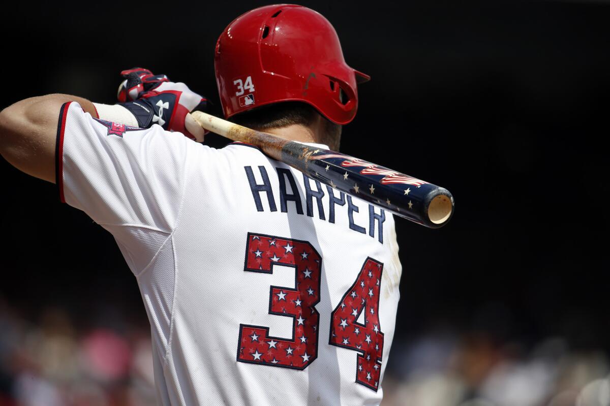 Washington's Bryce Harper used a red, white and blue bat -- and hit a home run with it -- against San Francisco for the July 4 holiday.