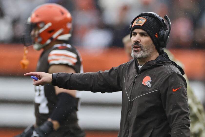 Cleveland Browns head coach Kevin Stefanski reacts during the first half of an NFL football game against the Detroit Lions, Sunday, Nov. 21, 2021, in Cleveland. (AP Photo/Ron Schwane)