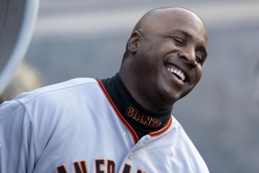 San Francisco Giants' Barry Bonds is seen during the baseball game against the Los Angeles Dodgers in Los Angeles, Wednesday, Aug. 1, 2007. (AP Photo/Kevork Djansezian)