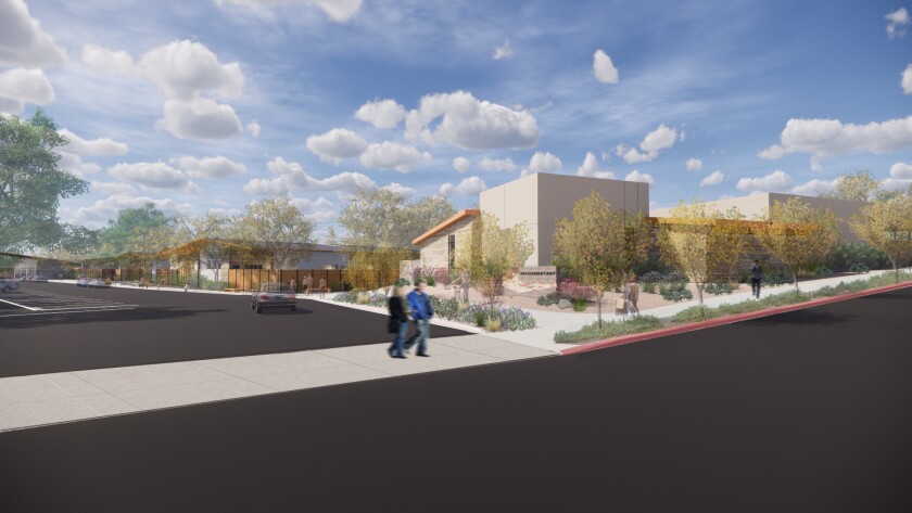 A rendering of the front of the new Pacific Highlands Ranch school and DMUSD central cafeteria.