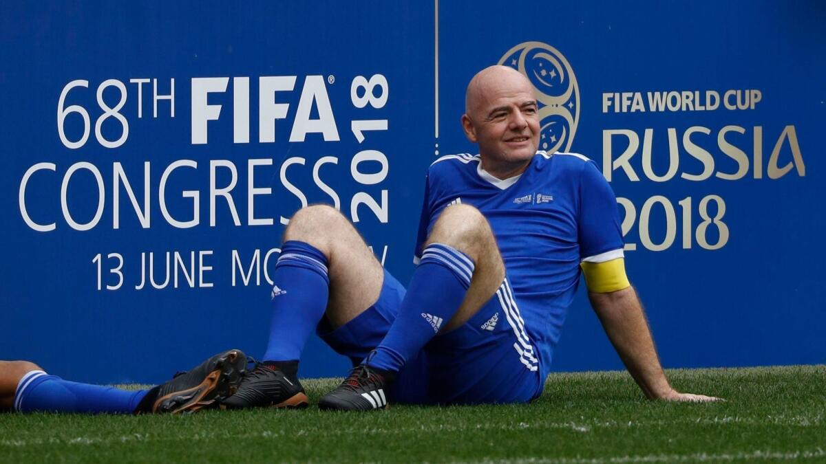 FIFA President Gianni Infantino takes part in a friendly soccer tournament at CSKA stadium in Moscow on June 12.