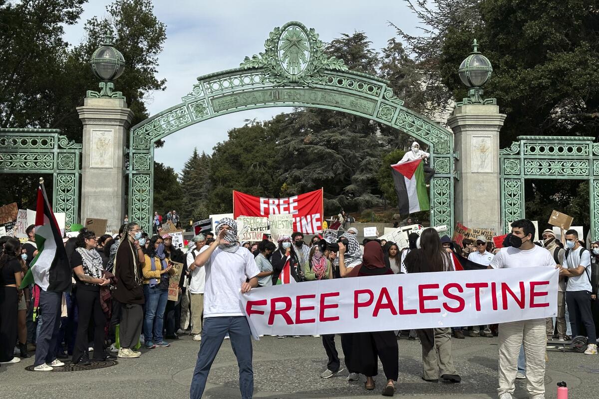 People stand in front of a gateway. Some hold "Free Palestine" banners.