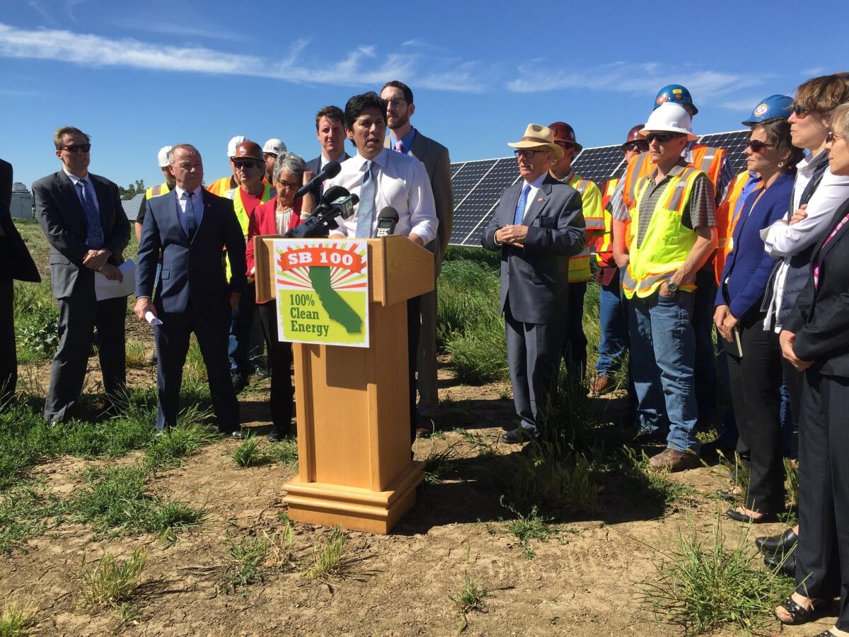 Senate leader Kevin de León launches his push to phase out the use of fossil fuels for generating electricity at a solar farm in Davis on May 2.