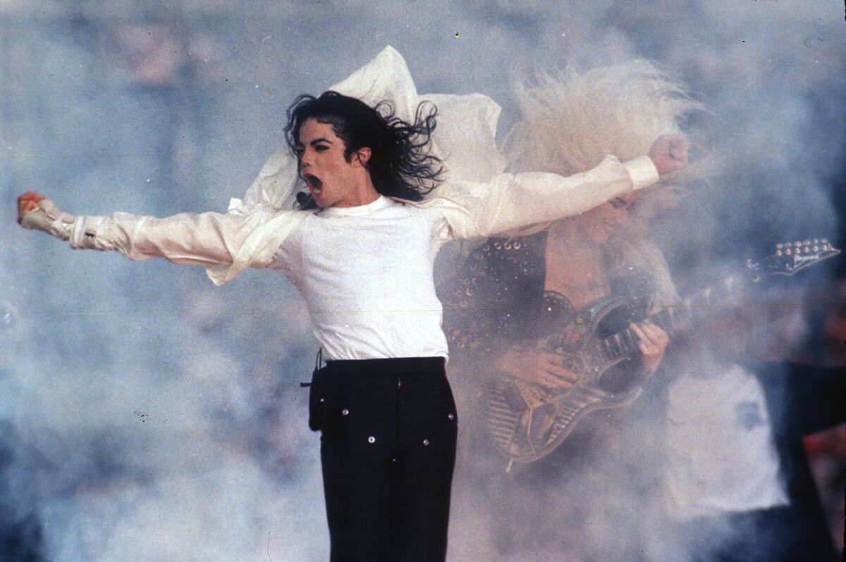 Pop superstar Michael Jackson performing at halftime of the 1993 Super Bowl in Pasadena.