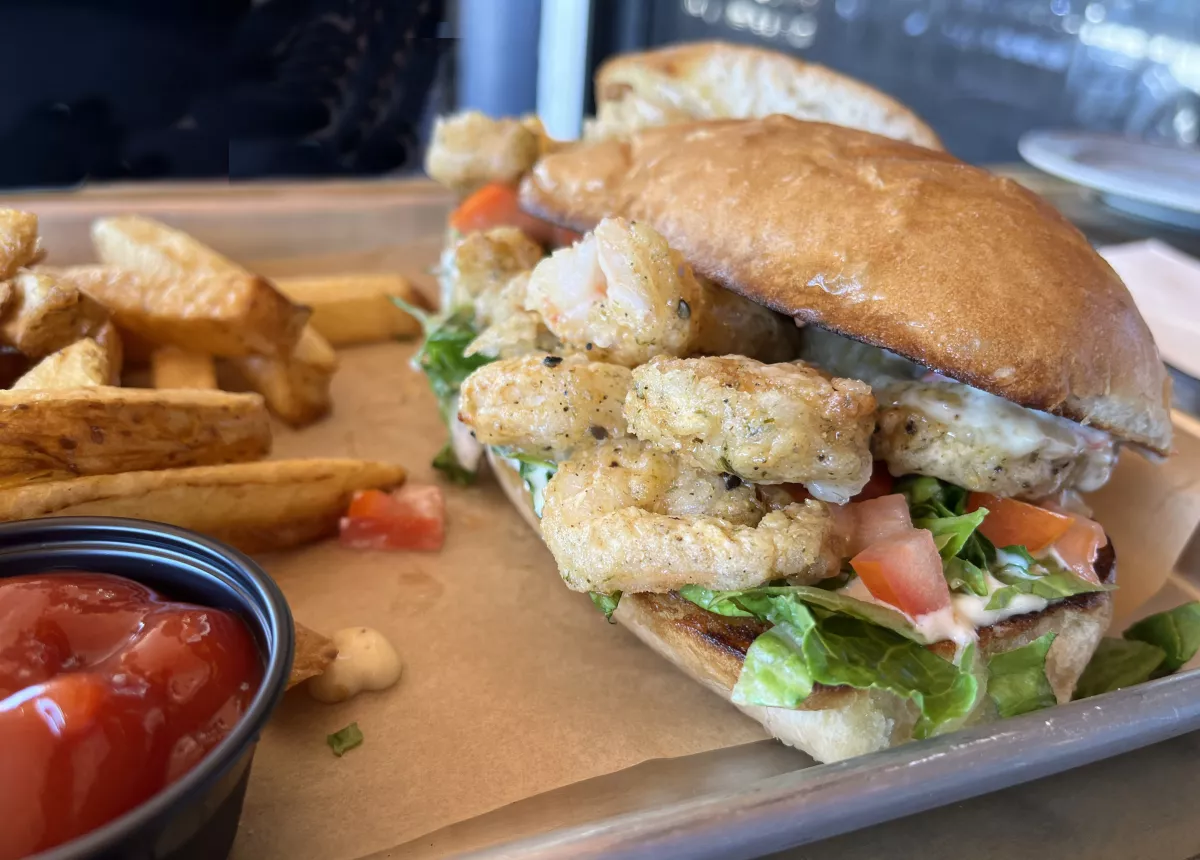 Shrimp remoulade po-boy sandwich at Inland Tavern in San Marcos.