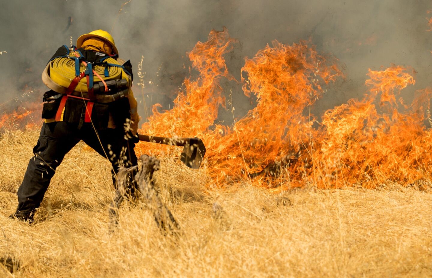 A firefighter works to keep the Detwiller fire from spreading up a hillside near Mariposa on July 17.