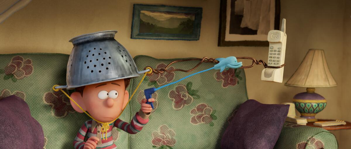 A cartoon of an elementary school-aged boy wearing a colander on his head and using tongs to hold a phone.