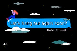 Woman sitting in the clouds on a floating blue text bubble that was "read last week" that says "let's hang out again soon?"