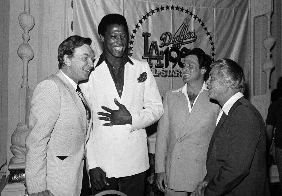 NL manager Chuck Tanner, Houston pitcher J.R. Richard, Baltimore pitcher Steve Stone and AL manager Earl Weaver talk in 1980.