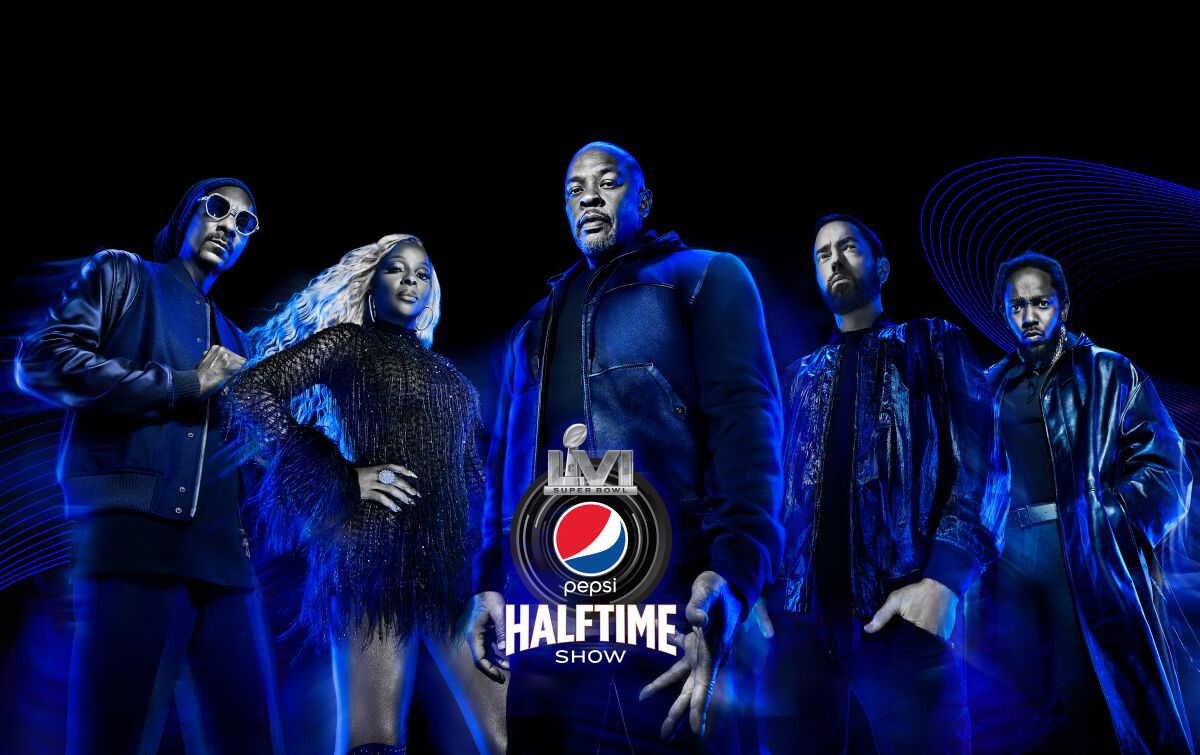 Snoop Dogg, Mary J. Blige, Dr. Dre, Eminem and Kendrick Lamar with the Super Bowl LVI Pepsi Halftime Show logo.