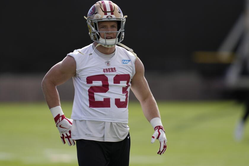 San Francisco 49ers running back Christian McCaffrey (23) warms up during a practice ahead of the Super Bowl.