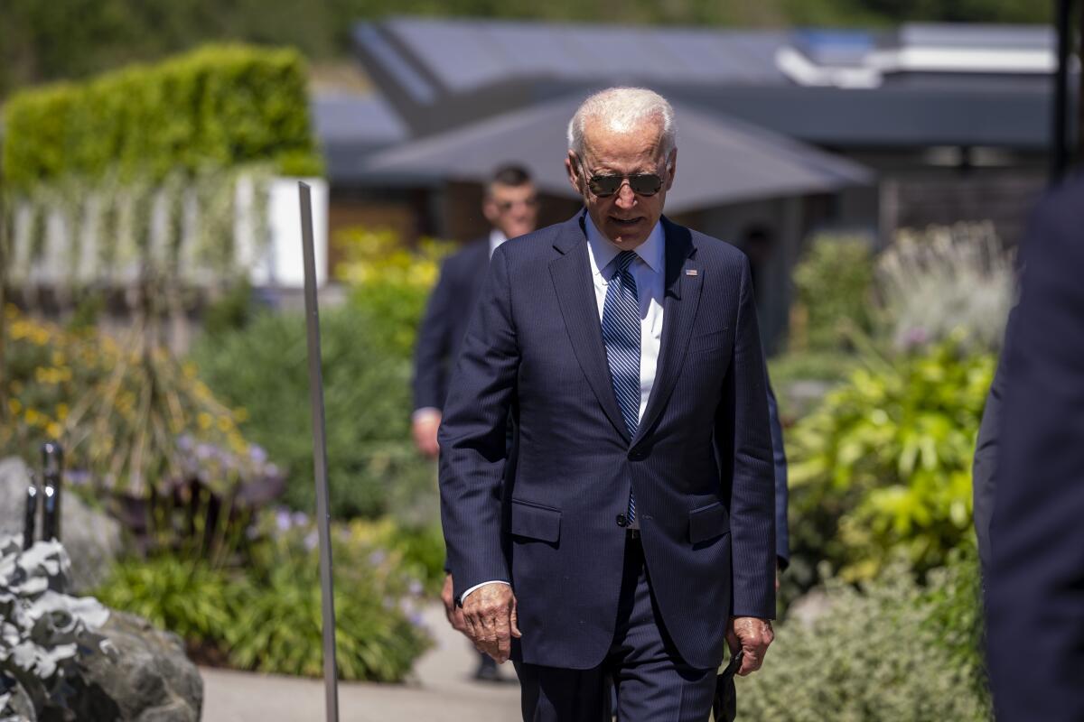 President Joe Biden arrives for the final session of the G-7 summit in Carbis Bay, England, Sunday, June 13, 2021. (Doug Mills/The New York Times via AP, Pool)