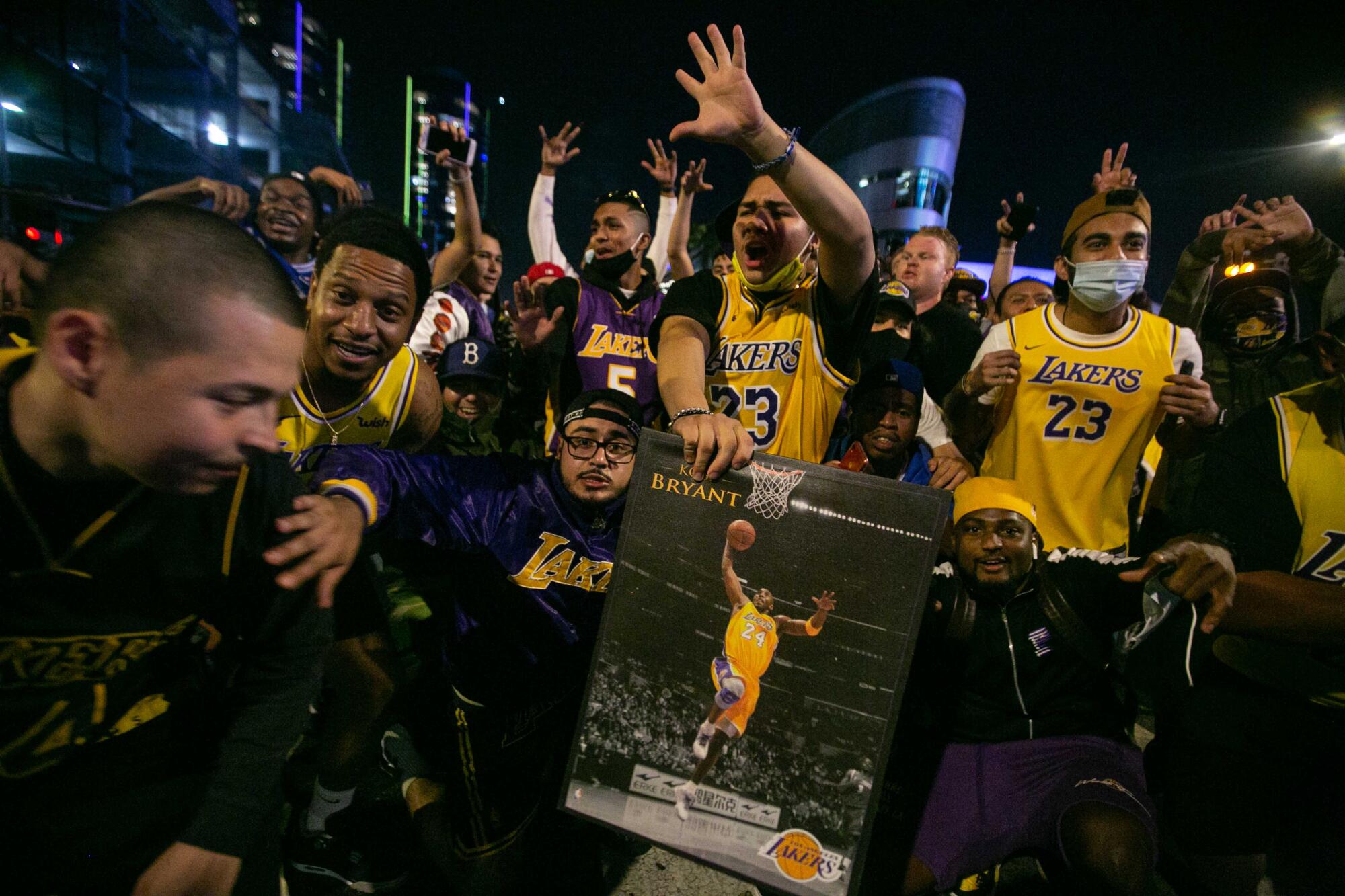 Fans gather near Staples Center to celebrate the Lakers' NBA Finals win Sunday.