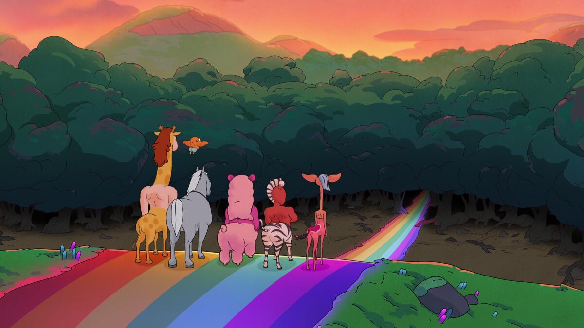 Five cartoon animals standing on a rainbow road looking at the horizon.