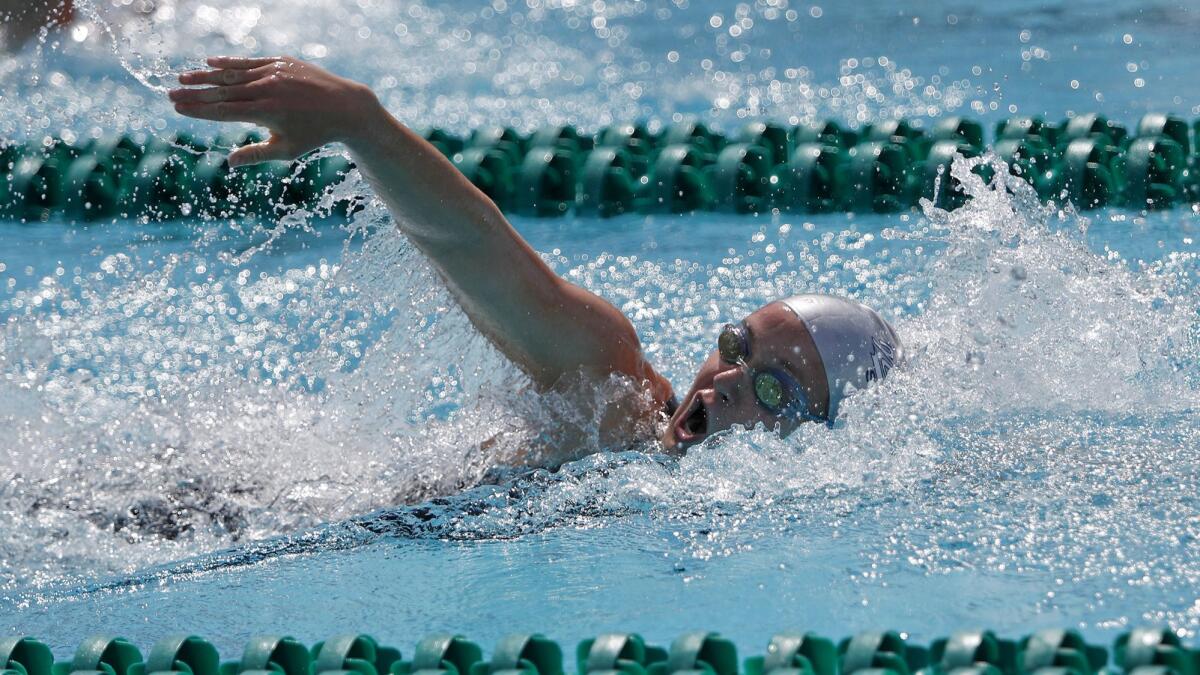 Newport Harbor High junior Ayla Spitz, shown competing at the Sunset League finals on May 4, is a swimmer to watch in Saturday's CIF Southern Section Division 1 finals at Riverside City College.