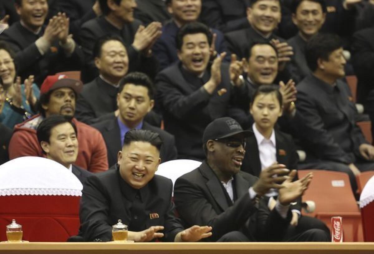 North Korean leader Kim Jong Un and former NBA star Dennis Rodman watch North Korean and U.S. teams play in an exhibition basketball game in Pyongyang, North Korea, back in February.