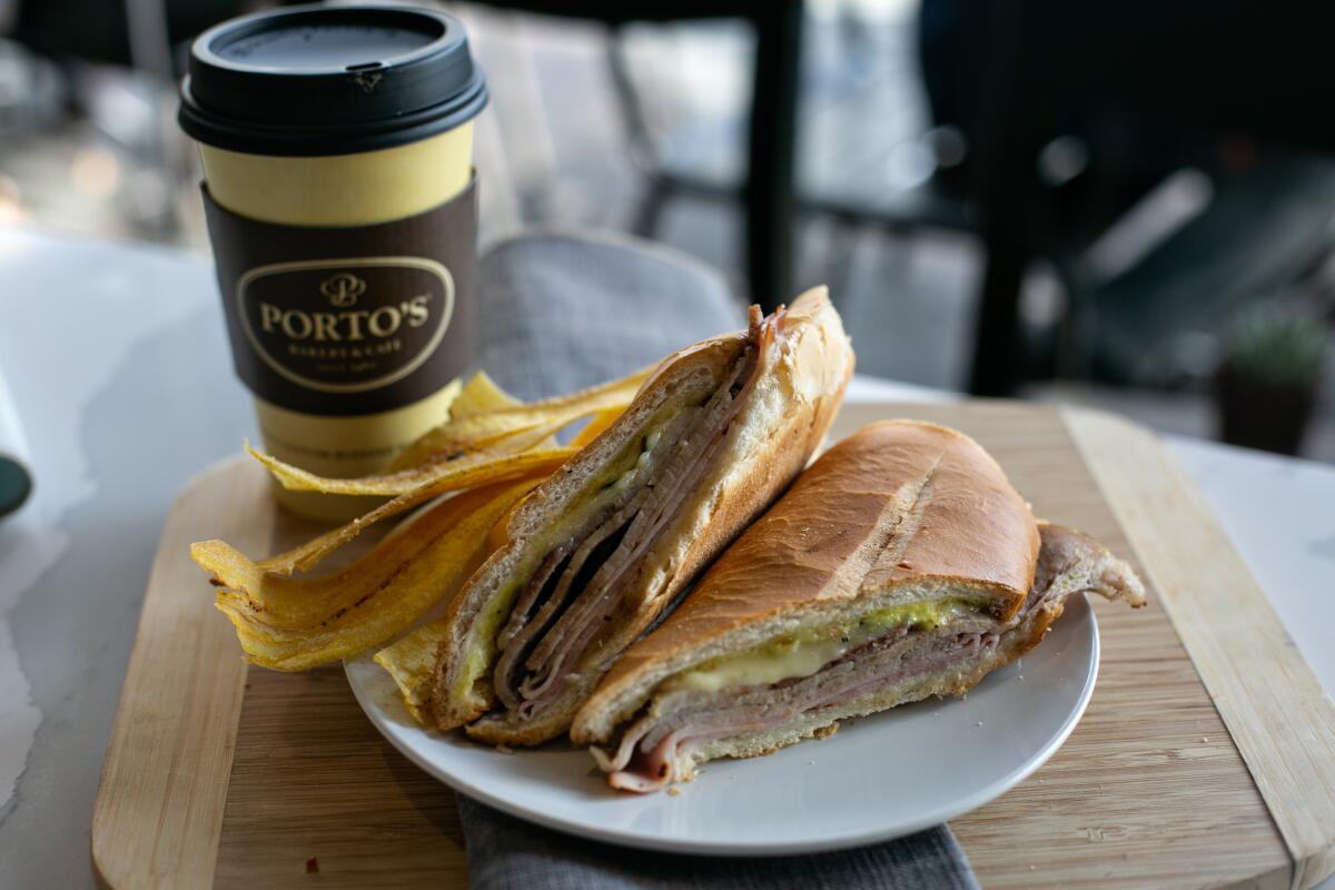 The Cuban sandwich from Porto's, served with coffee