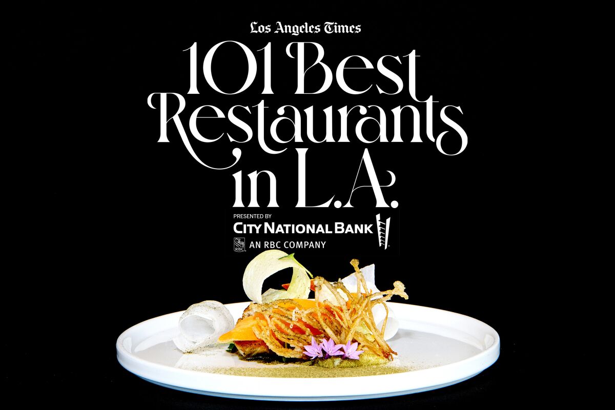 An illustration with a black background and a dish and the words "101 Best Restaurants in L.A."